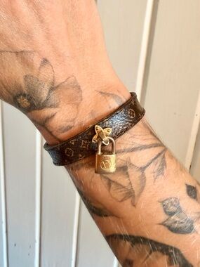 Louis Vuitton Brown Monogram Leather Bracelet with Gold Padlock